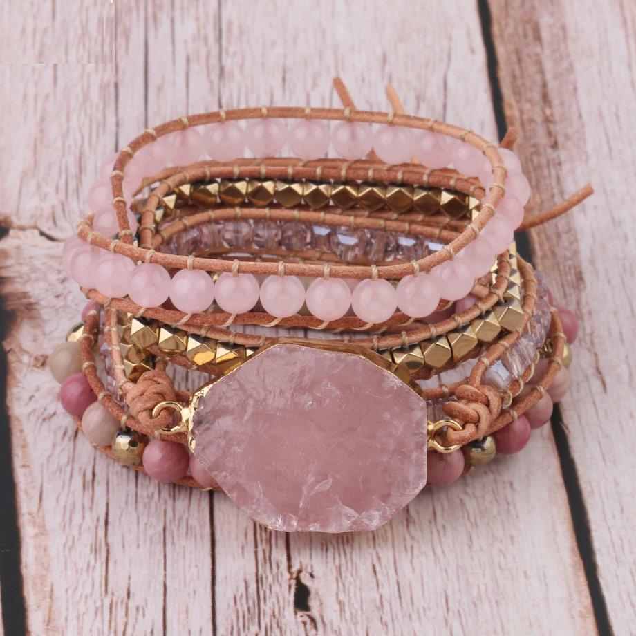 pulsera oro con piedra natural cuarzo rosa palo de 2enespiral