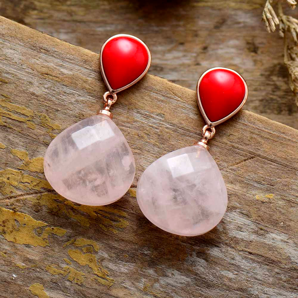 Pendientes De Cuarzo Rosa Y Coral Para El Amor Propio