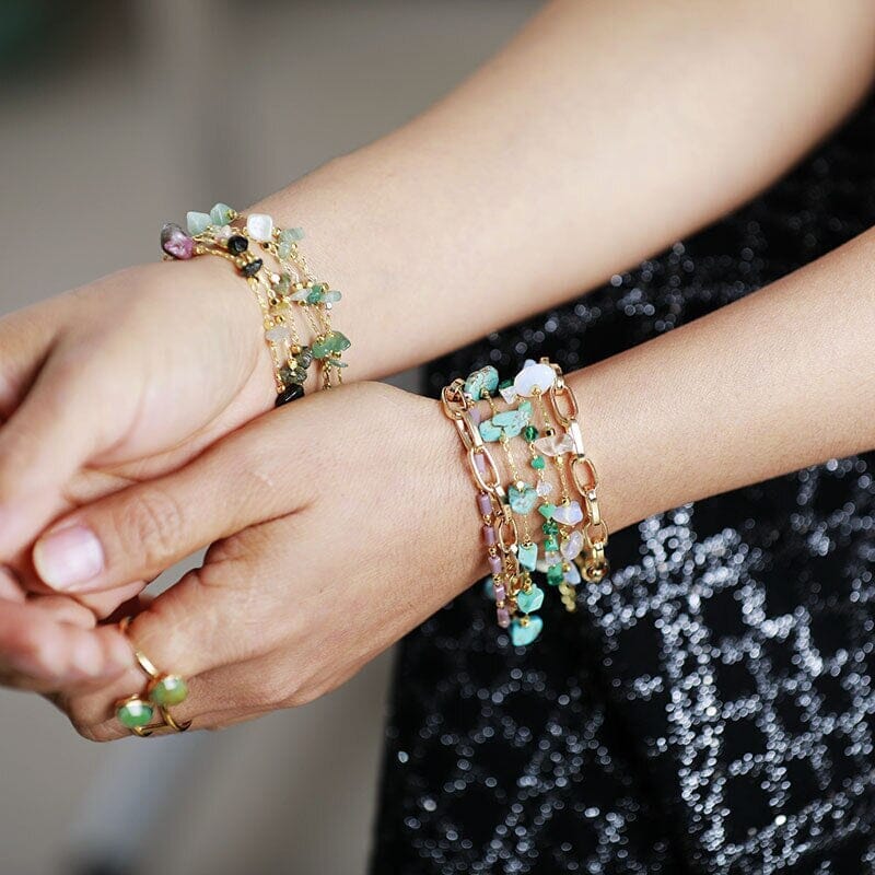 IluminaciÓn Pulsera Infinita  De Oro Con Piedras Naturales En Capas