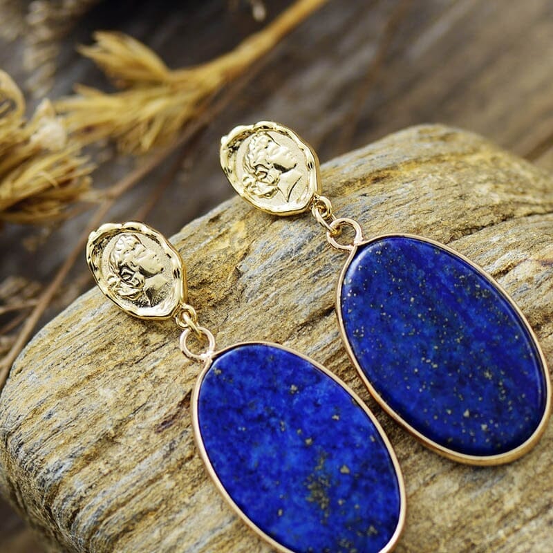 Pendientes Lapis Azul Místico Femenino Colgantes De Oro