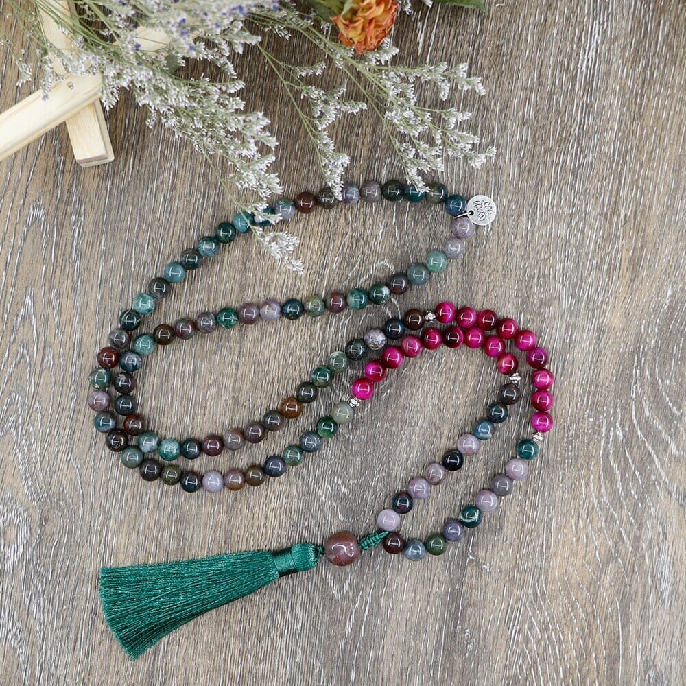 Equilibrio Conmovedor Collar Mala De Ágata India Y Ojo De Tigre Rosa