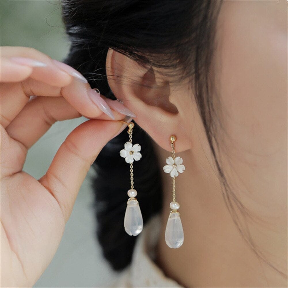 Pendientes Purificadores Flor De Ágata Blanca Y Perla