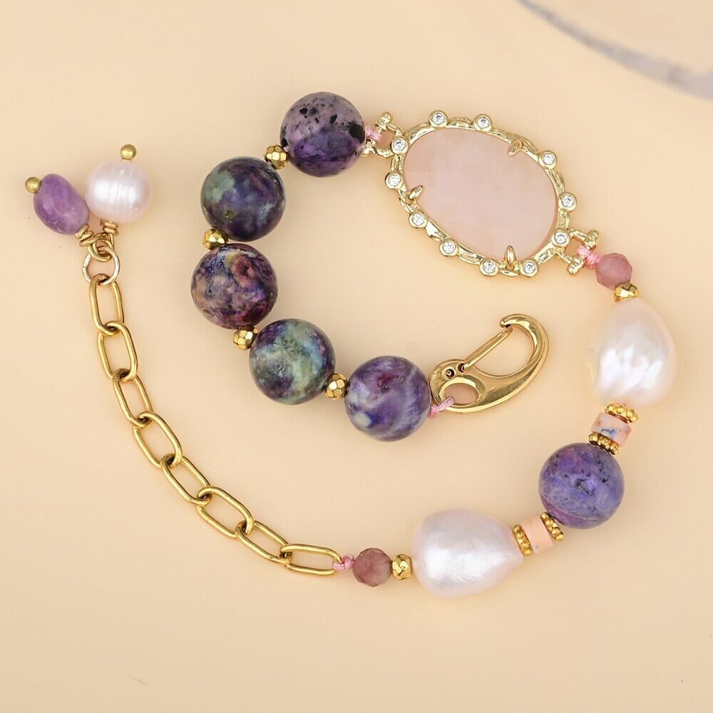 Pulsera De Oro  Enamorado Cuarzo Rosa Y Perla