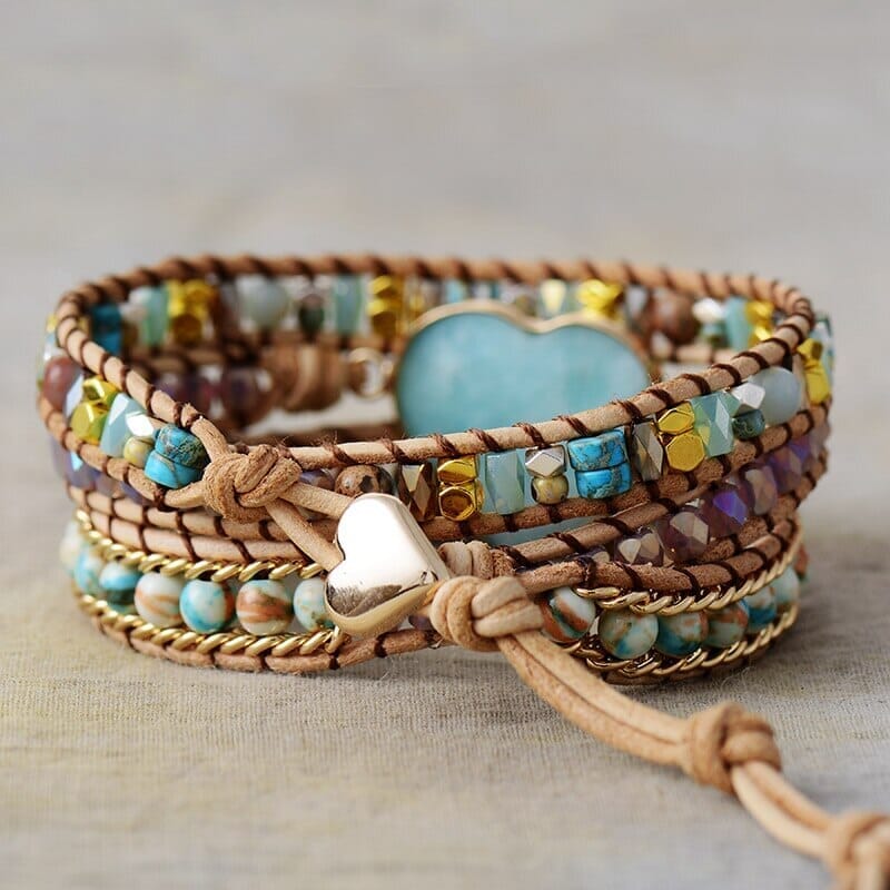 Pulsera Amor Azure  De Cuero Con Piedras Preciosas Naturales