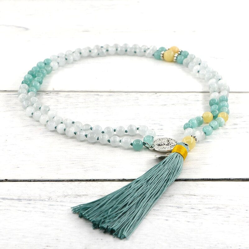 Collar De Mala Brillo De Sabiduria De Jade Amarillo Y Ópalo