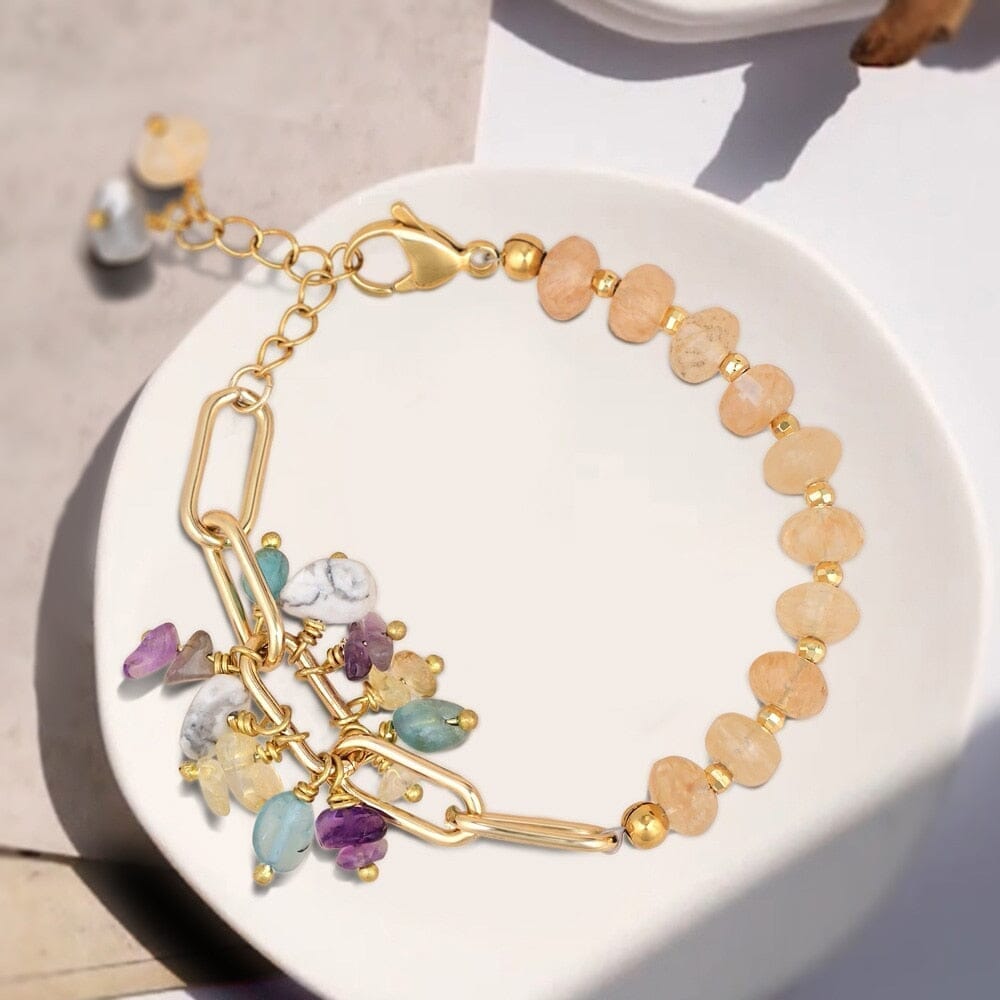 Pulsera  Bendiciones De Oro  De Amatista, Turquesa Blanca  Con Cristal Amarillo, Y Aguamarina