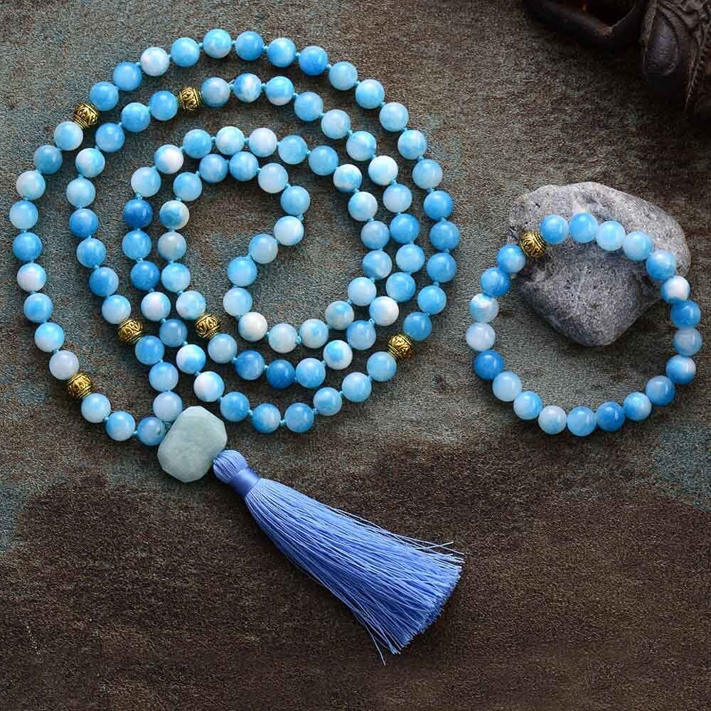 Conjunto De Pulsera Y Collar Mala De Jade Azul