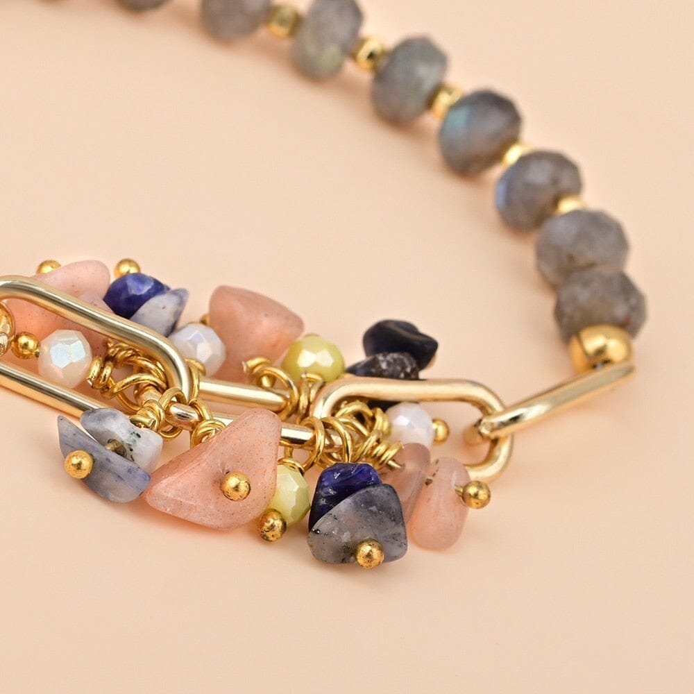 Pulsera De Oro Armonía Celestial Labradorita, Venas Azules Y Piedra Solar