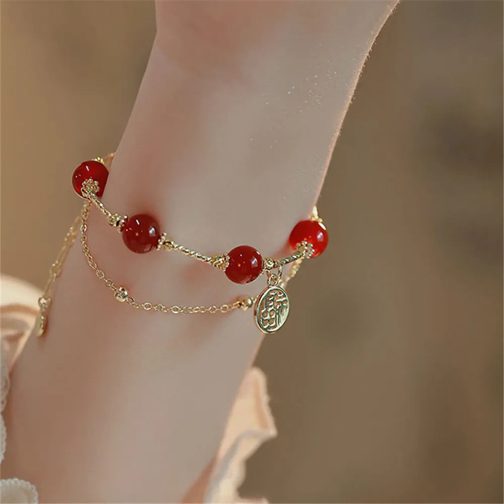 Pulsera de Oro en Capas de Ágata Roja en Cascada Carmesí