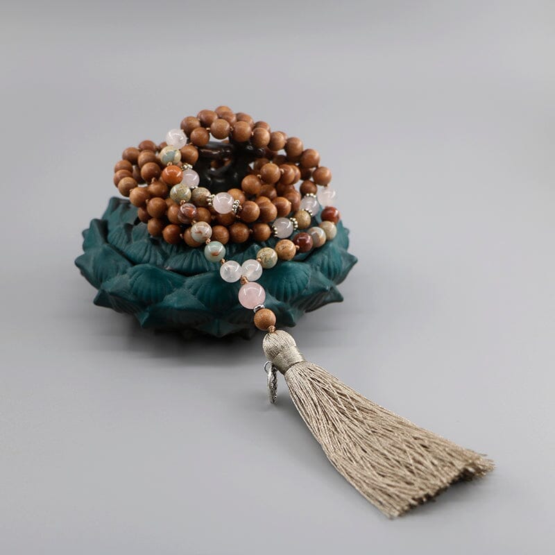 Collar Mala Armonía Sagrada Sándalo De La India, Piedra Natural De Piel De Serpiente Y Cuarzo Rosa