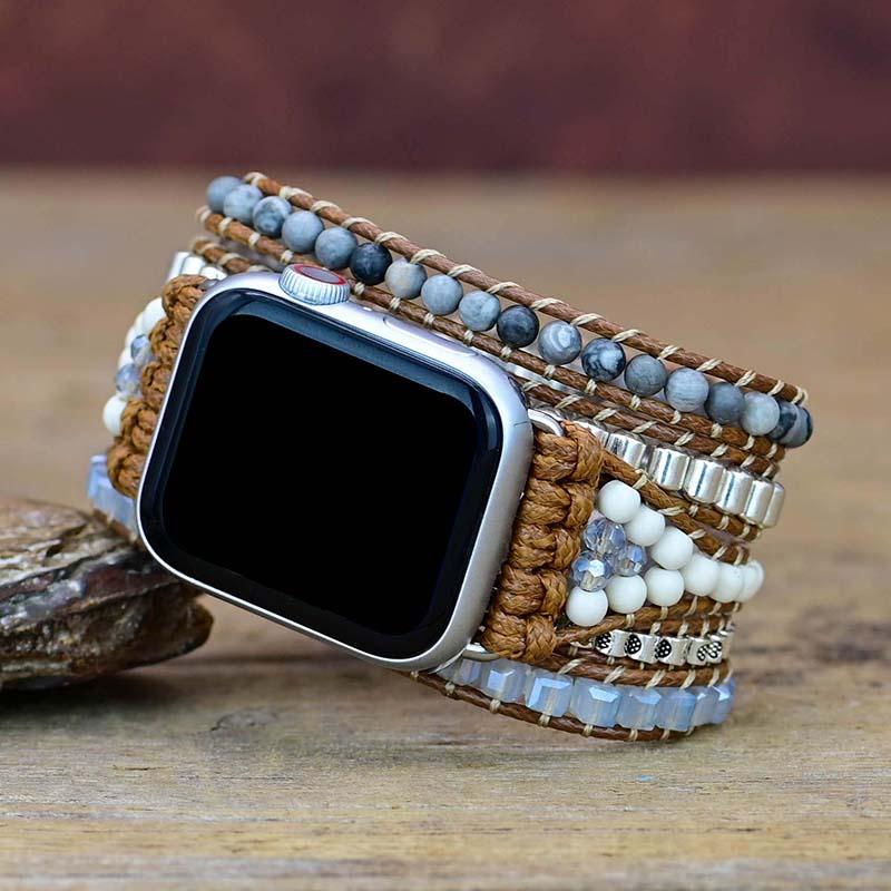 Correa Para Apple Watch Con Piedras Preciosas Blancas Y Grises