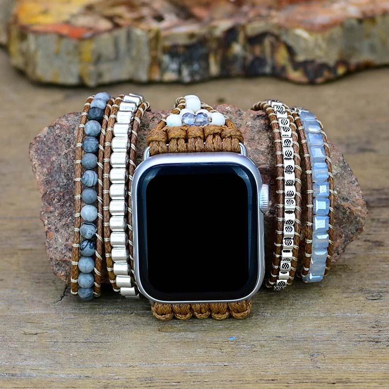 Correa Para Apple Watch Con Piedras Preciosas Blancas Y Grises