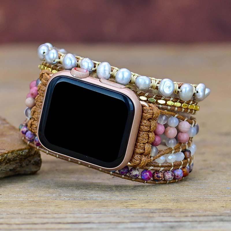 Correa Apple Watch Con Perlas De Agua Dulce Y Piedras Preciosas