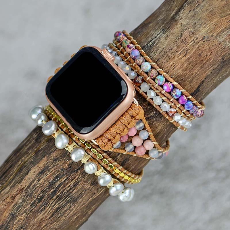 Correa Apple Watch Con Perlas De Agua Dulce Y Piedras Preciosas