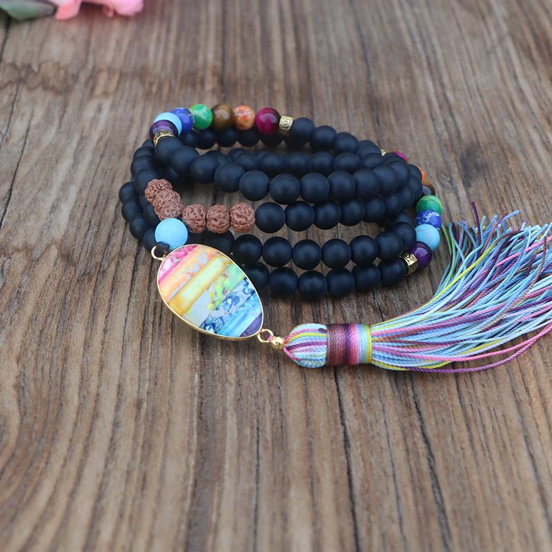 Collar Mala Negro Mate Y Arco Iris De Chakra Completo