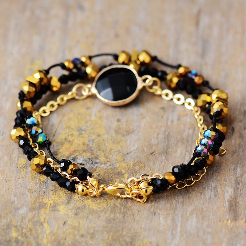 Pulsera De Cuentas Doradas De Ónix Negro Aura Positiva