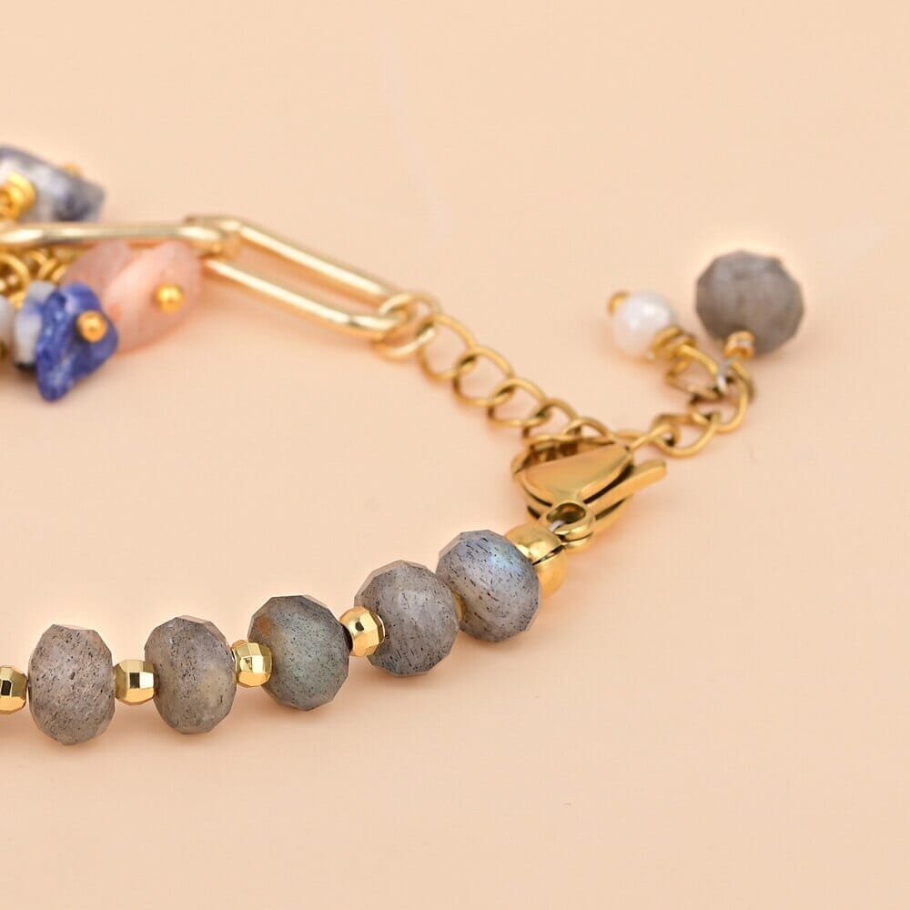 Pulsera De Oro Armonía Celestial Labradorita, Venas Azules Y Piedra Solar