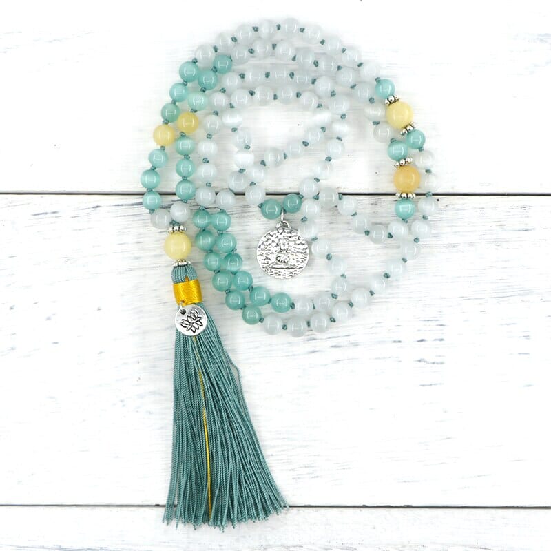 Collar De Mala Brillo De Sabiduria De Jade Amarillo Y Ópalo