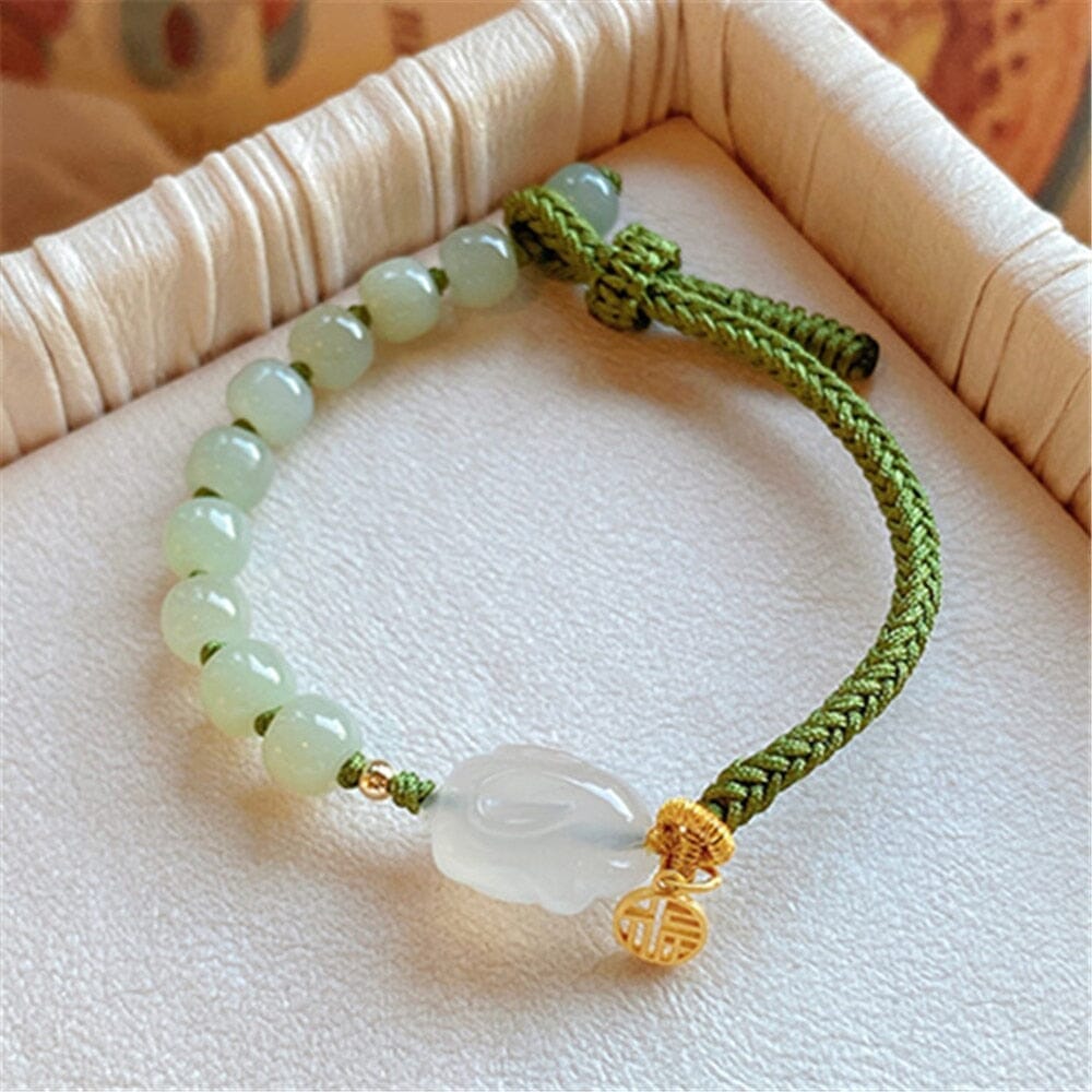 Suerte Abundante Pulsera Conejito Jade Verde Y Cuarzo Fresa