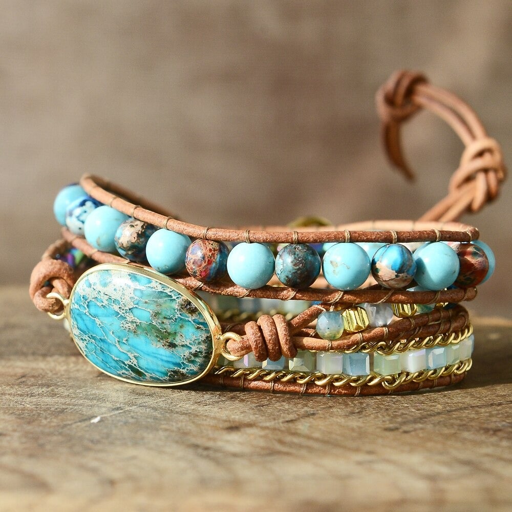 Pulsera Envolvente De Cuero Con Piedras Naturales Agua Serena