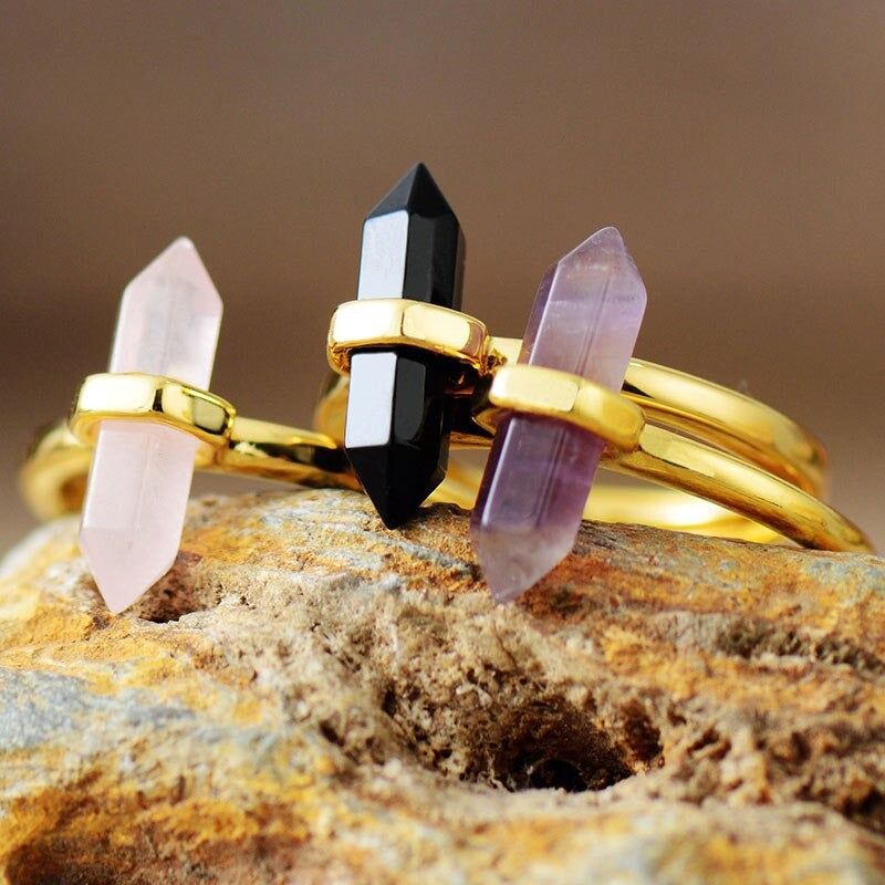 Anillo De Rock Suave Amatista Ónix Y Cuarzo Rosa