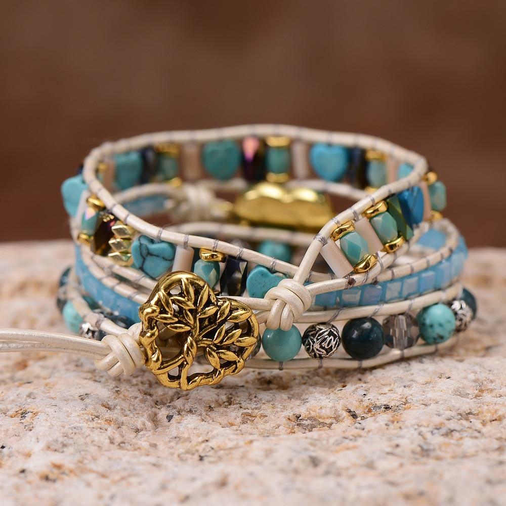 Pulsera De Cuero Azul Cielo Y Blanco Con Ópalo