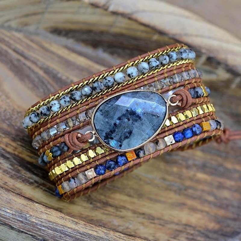 Pulsera Boho De 2 Piedras En Forma De Huevo De 5 Vueltas