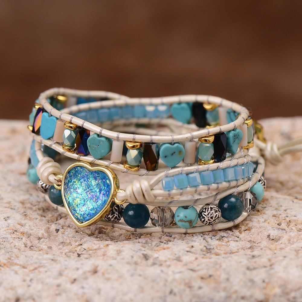 Pulsera De Cuero Azul Cielo Y Blanco Con Ópalo