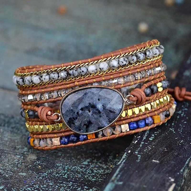 Pulsera Boho De 2 Piedras En Forma De Huevo De 5 Vueltas