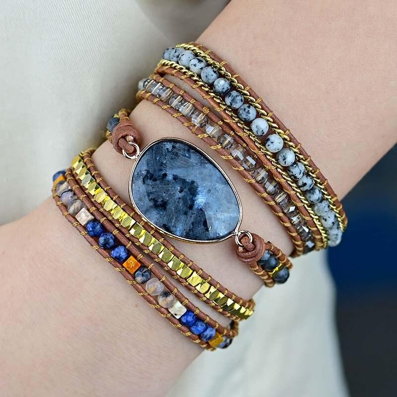 Pulsera Boho De 2 Piedras En Forma De Huevo De 5 Vueltas