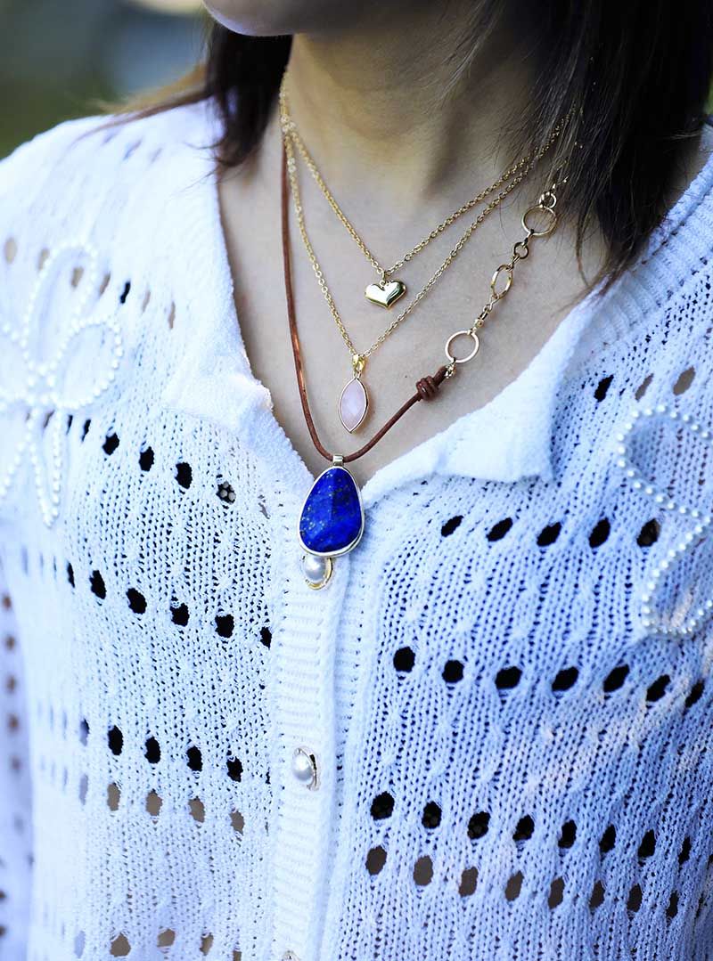 Collar De Oro De Pura SabidurÍa Con Capas De LapislÁzuli Y Cuarzo Rosa