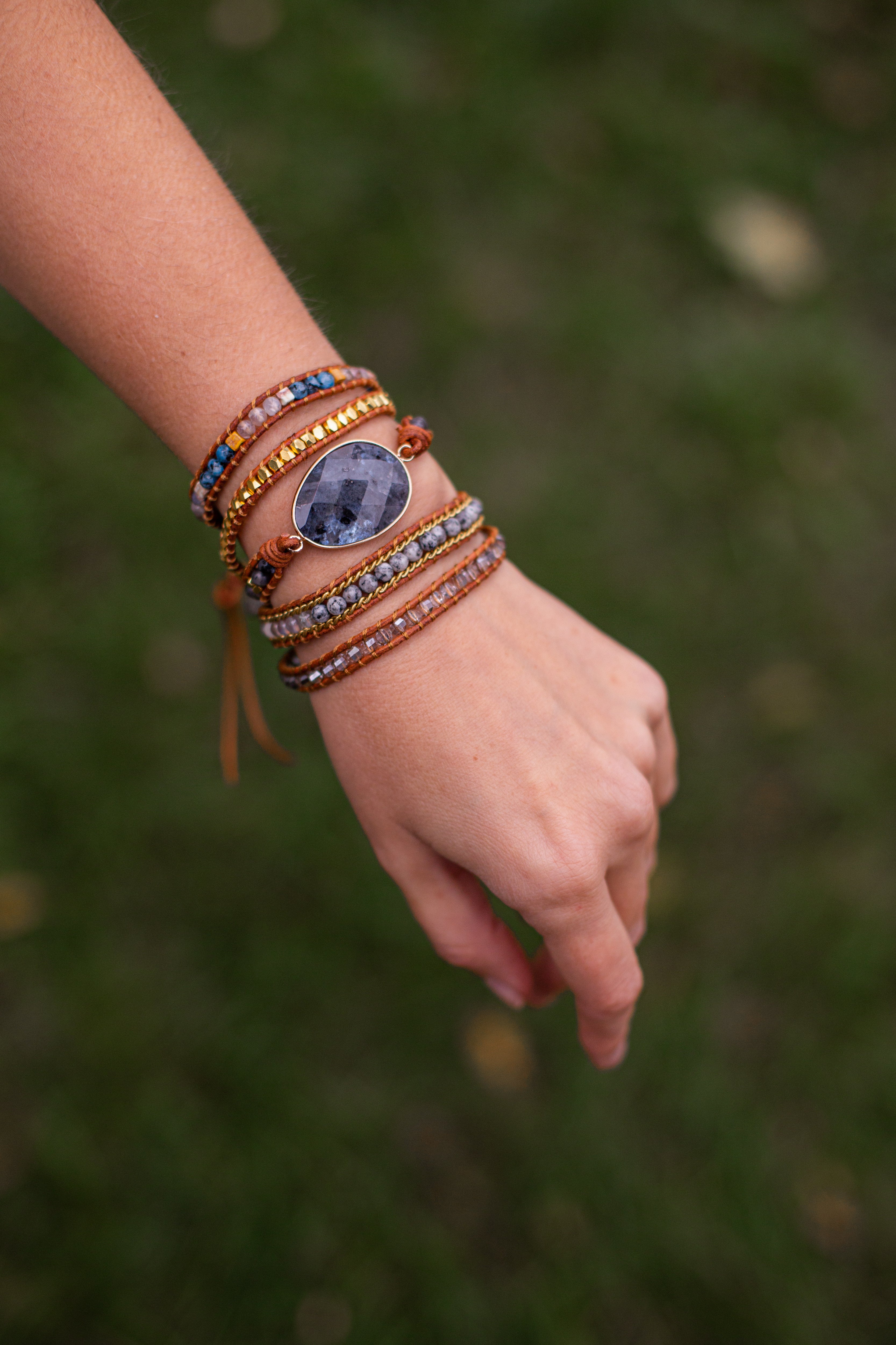 Pulsera Boho De 2 Piedras En Forma De Huevo De 5 Vueltas