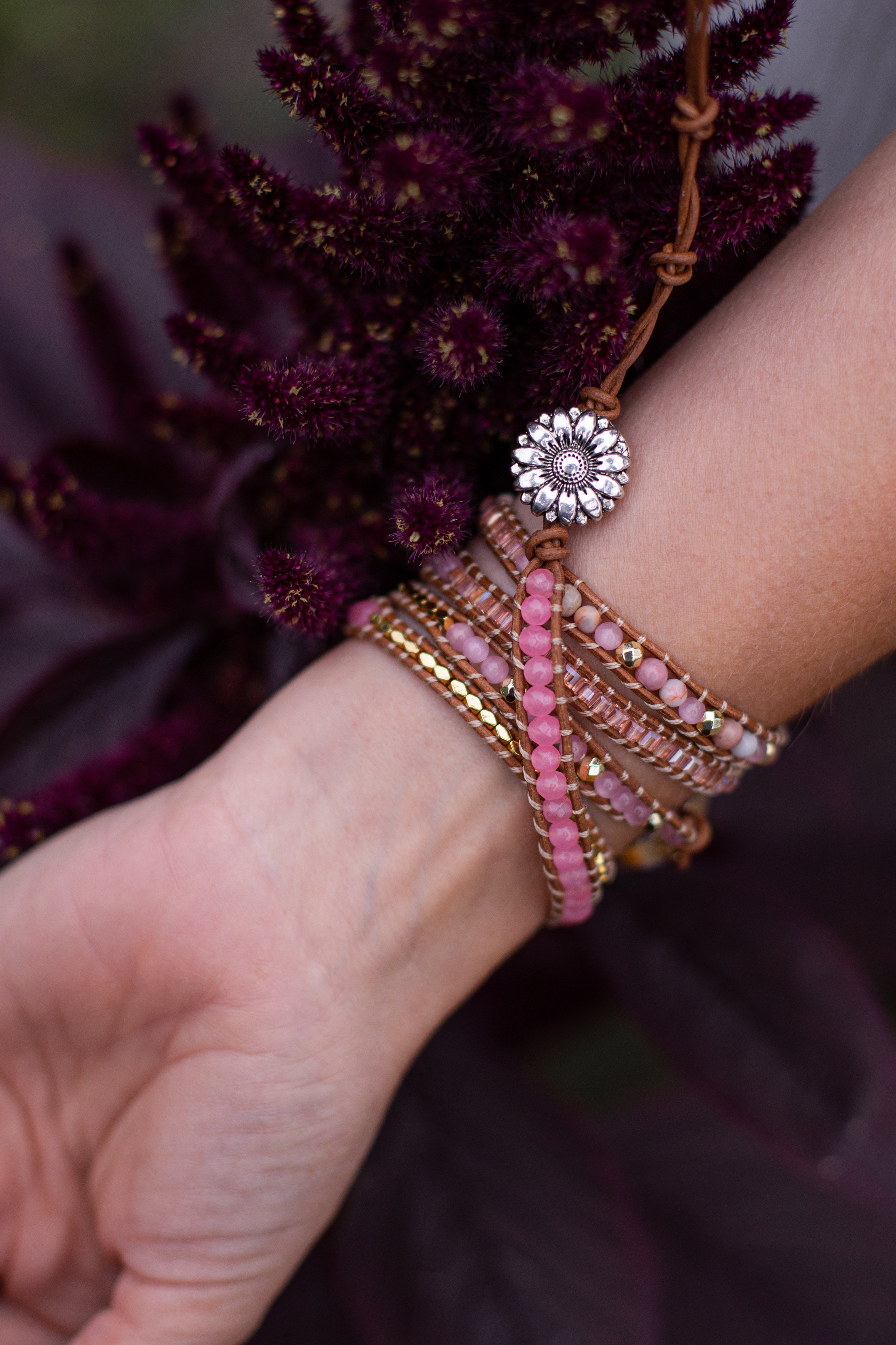 Pulsera Rosa Dorado De Cuarzo