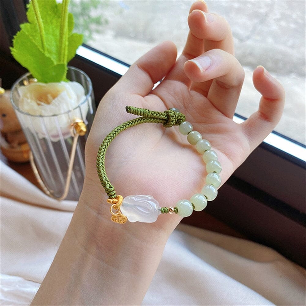 Suerte Abundante Pulsera Conejito Jade Verde Y Cuarzo Fresa