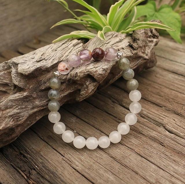 Collar / Pulsera De 108 Cuentas De Mala Naturales De Labradorita, Jade Amatista Y Blanco