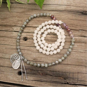 Collar / Pulsera De 108 Cuentas De Mala Naturales De Labradorita, Jade Amatista Y Blanco